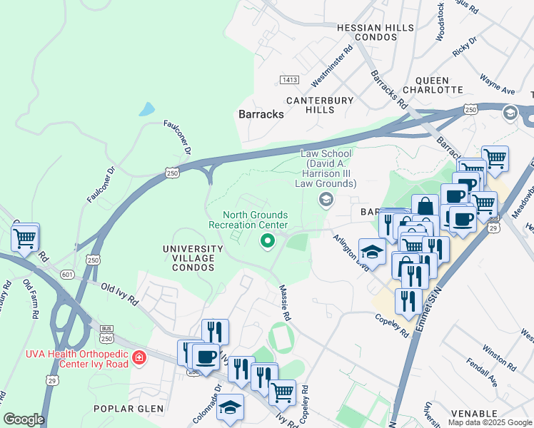 map of restaurants, bars, coffee shops, grocery stores, and more near 20 Darden Boulevard in Charlottesville