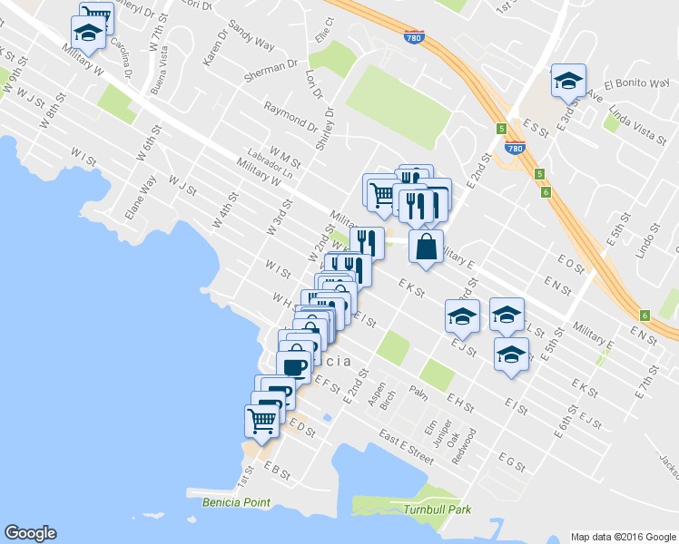 map of restaurants, bars, coffee shops, grocery stores, and more near 955 1st Street in Benicia