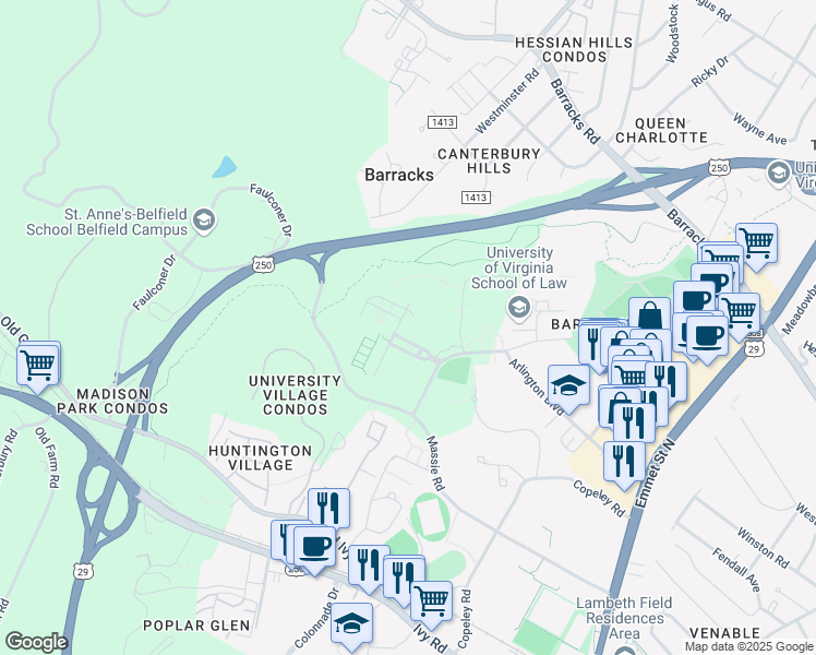 map of restaurants, bars, coffee shops, grocery stores, and more near in Charlottesville