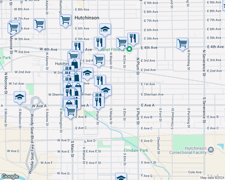 map of restaurants, bars, coffee shops, grocery stores, and more near 303 East Sherman Street in Hutchinson