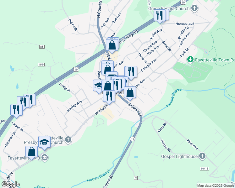 map of restaurants, bars, coffee shops, grocery stores, and more near 312 North Court Street in Fayetteville