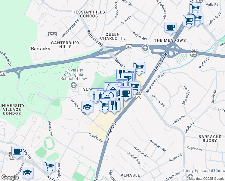 map of restaurants, bars, coffee shops, grocery stores, and more near 1111 Millmont Street in Charlottesville