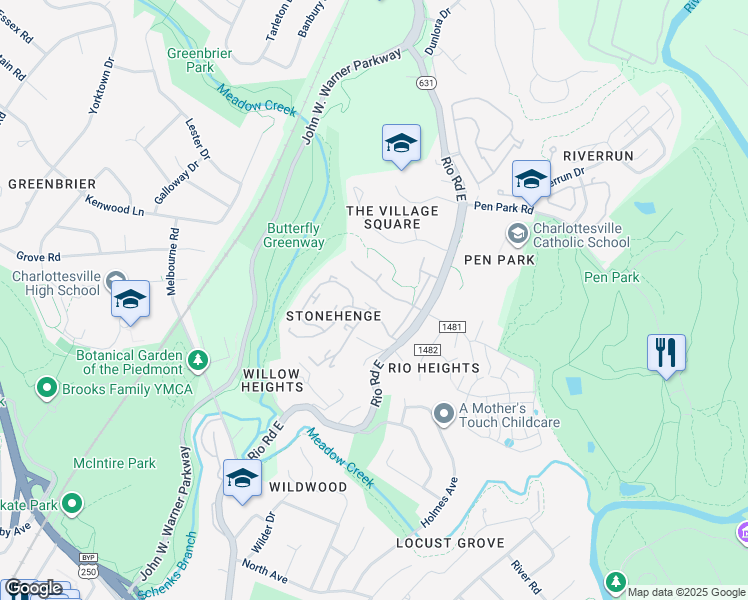 map of restaurants, bars, coffee shops, grocery stores, and more near 638 Crumpet Court in Charlottesville