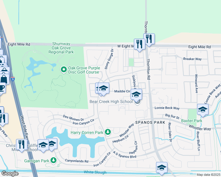 map of restaurants, bars, coffee shops, grocery stores, and more near 10617 Dylan Court in Stockton