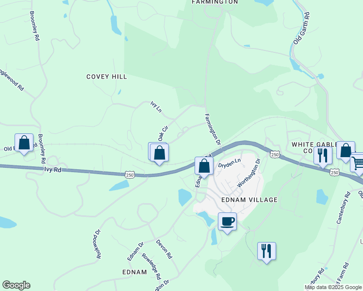 map of restaurants, bars, coffee shops, grocery stores, and more near 445 Oak Circle in Charlottesville