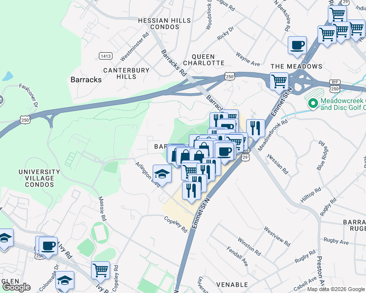 map of restaurants, bars, coffee shops, grocery stores, and more near in Charlottesville