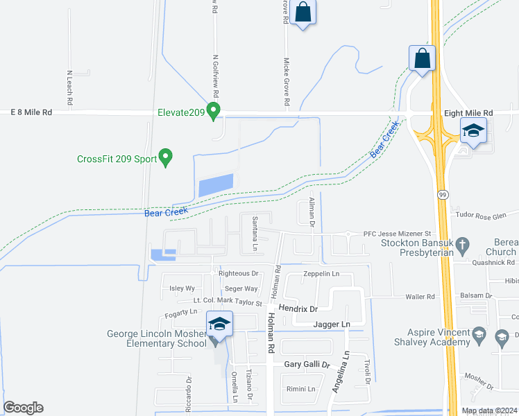 map of restaurants, bars, coffee shops, grocery stores, and more near Bear Creek in Stockton