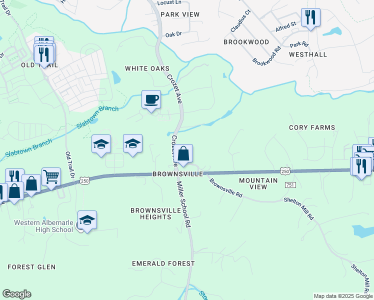 map of restaurants, bars, coffee shops, grocery stores, and more near 5714 Brownsville Road in Charlottesville