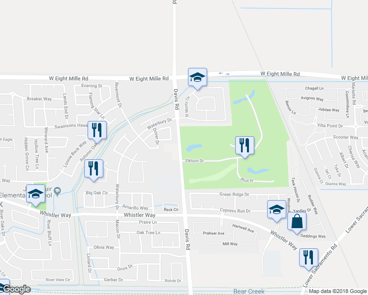 map of restaurants, bars, coffee shops, grocery stores, and more near 10646 Davis Road in Stockton