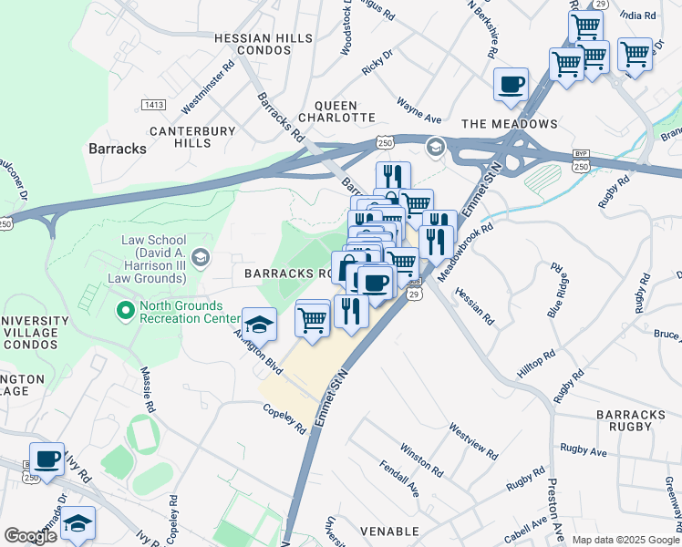 map of restaurants, bars, coffee shops, grocery stores, and more near 1111 Millmont Street in Charlottesville