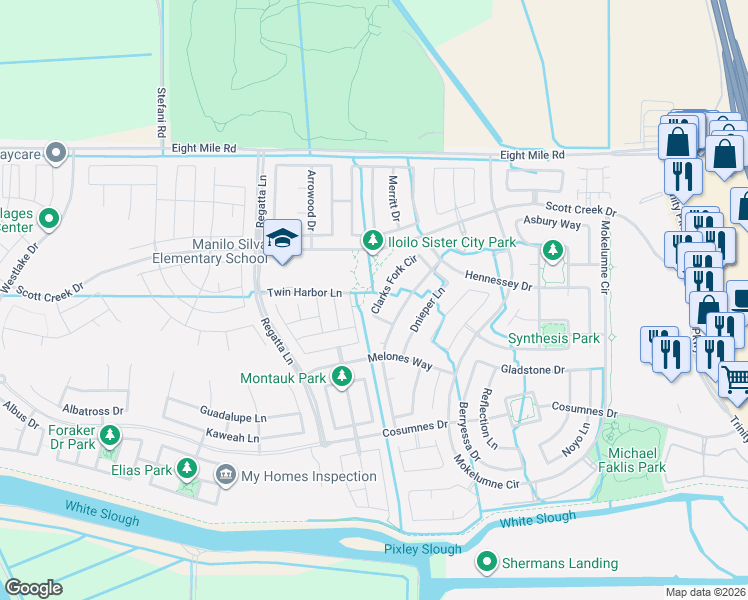 map of restaurants, bars, coffee shops, grocery stores, and more near 10523 Clarks Fork Circle in Stockton