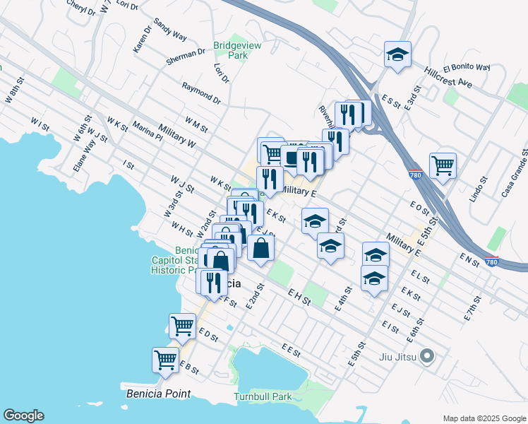 map of restaurants, bars, coffee shops, grocery stores, and more near 1150 1st Street in Benicia
