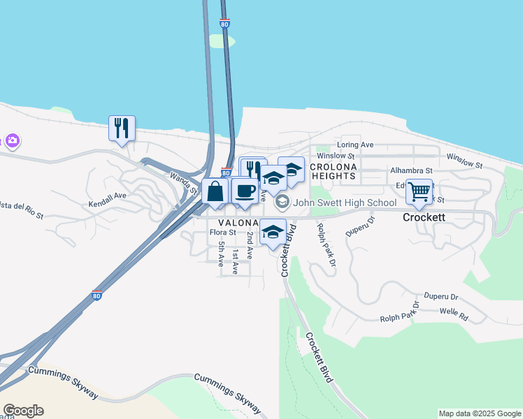 map of restaurants, bars, coffee shops, grocery stores, and more near 614 3rd Avenue in Crockett