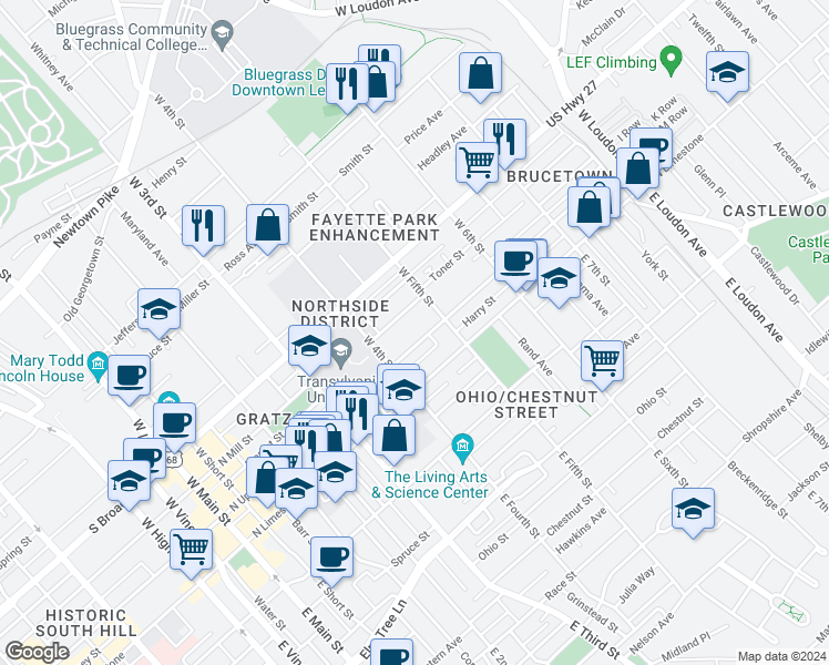 map of restaurants, bars, coffee shops, grocery stores, and more near 458 Campbell Street in Lexington
