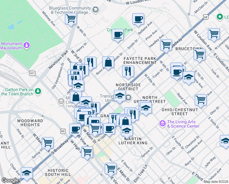 map of restaurants, bars, coffee shops, grocery stores, and more near 345 North Broadway in Lexington