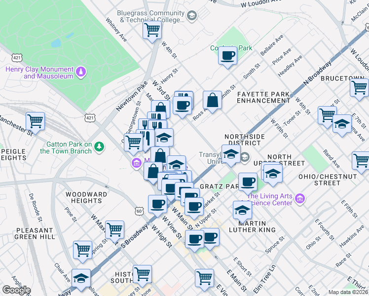 map of restaurants, bars, coffee shops, grocery stores, and more near 458 West 3rd Street in Lexington