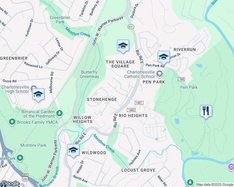 map of restaurants, bars, coffee shops, grocery stores, and more near 1245 Penfield Lane in Charlottesville