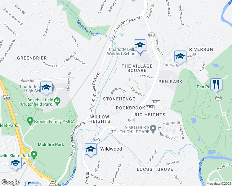 map of restaurants, bars, coffee shops, grocery stores, and more near 967 Warwick Court in Charlottesville