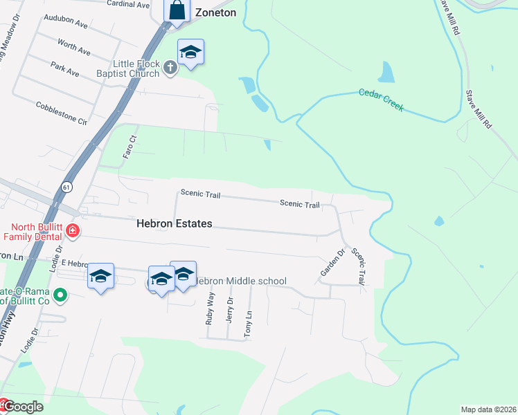map of restaurants, bars, coffee shops, grocery stores, and more near 3935 Scenic Trail in Hebron Estates
