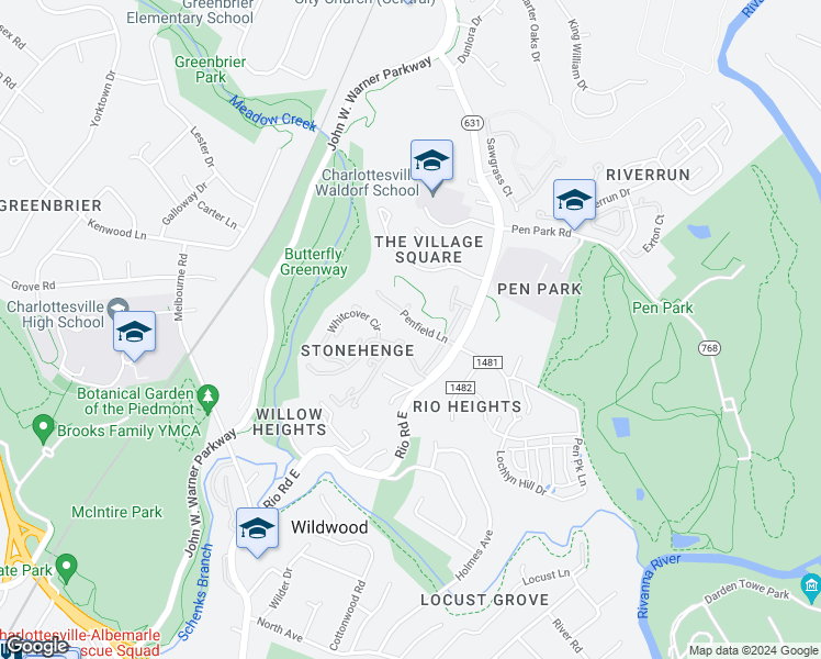 map of restaurants, bars, coffee shops, grocery stores, and more near 1245 Penfield Lane in Charlottesville