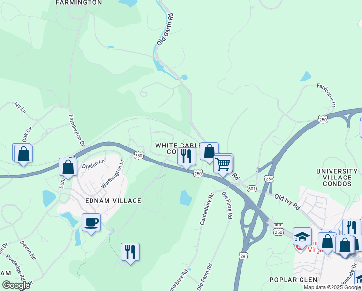 map of restaurants, bars, coffee shops, grocery stores, and more near 435 White Gables Lane in Charlottesville
