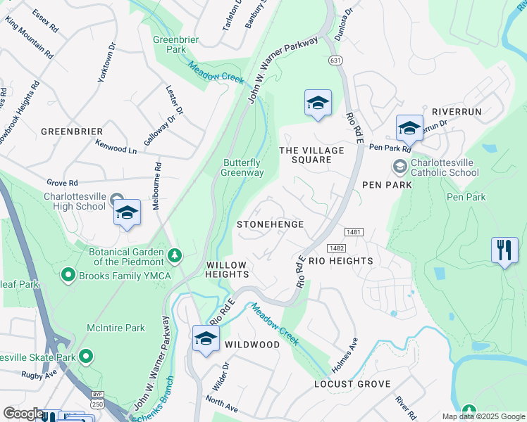 map of restaurants, bars, coffee shops, grocery stores, and more near 967 Warwick Court in Charlottesville