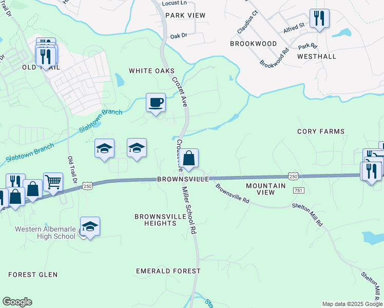 map of restaurants, bars, coffee shops, grocery stores, and more near 5714 Brownsville Road in Charlottesville