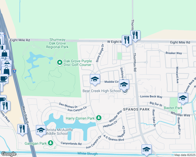 map of restaurants, bars, coffee shops, grocery stores, and more near 4028 Maddie Circle in Stockton