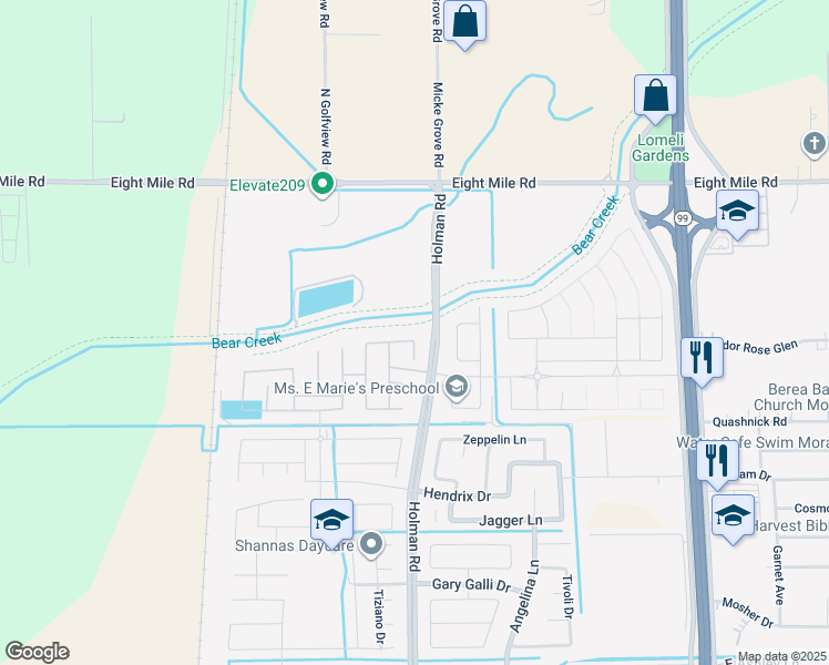 map of restaurants, bars, coffee shops, grocery stores, and more near 3467 Coltrane Way in Stockton