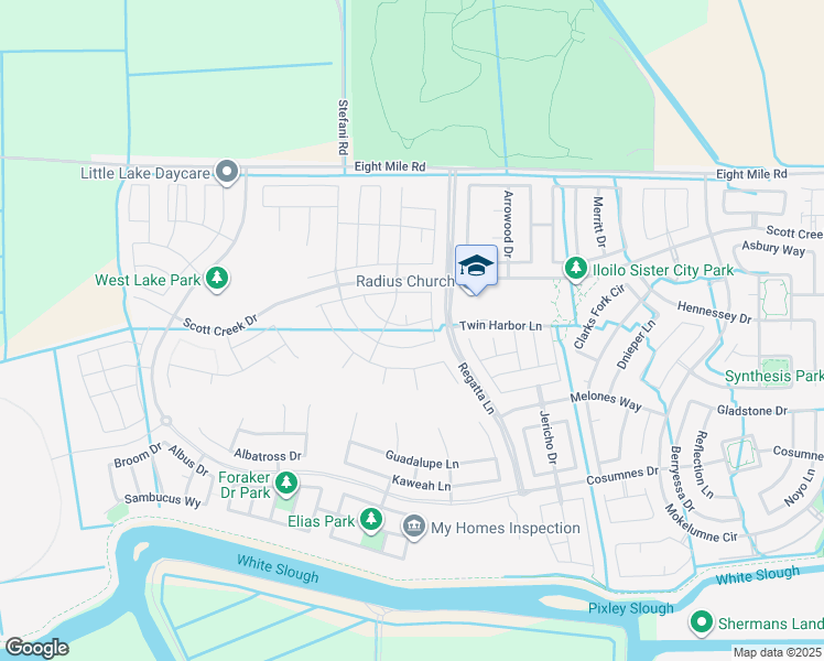 map of restaurants, bars, coffee shops, grocery stores, and more near 10599 Regatta Lane in Stockton