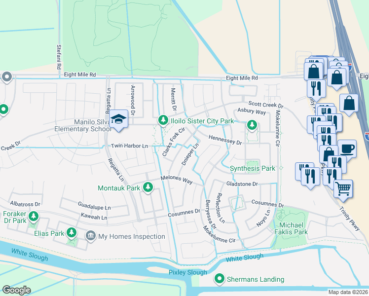 map of restaurants, bars, coffee shops, grocery stores, and more near 10577 Rubicon Avenue in Stockton