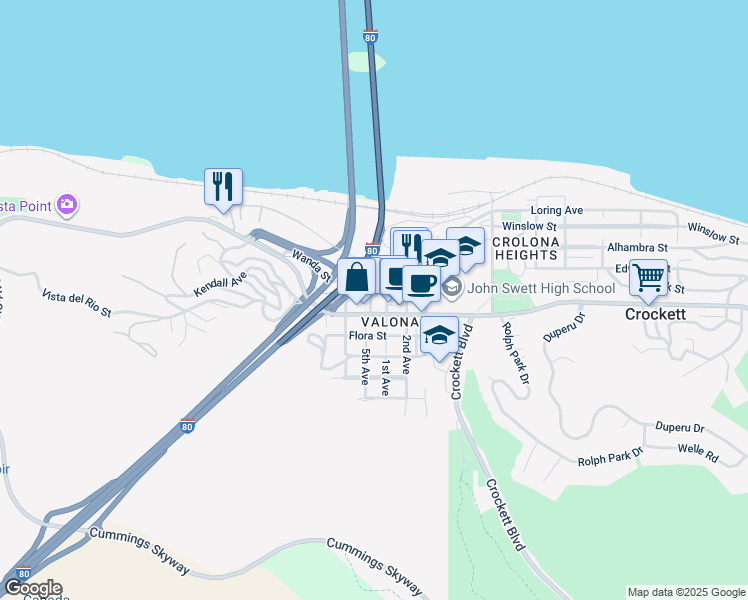 map of restaurants, bars, coffee shops, grocery stores, and more near 615 1st Avenue in Crockett