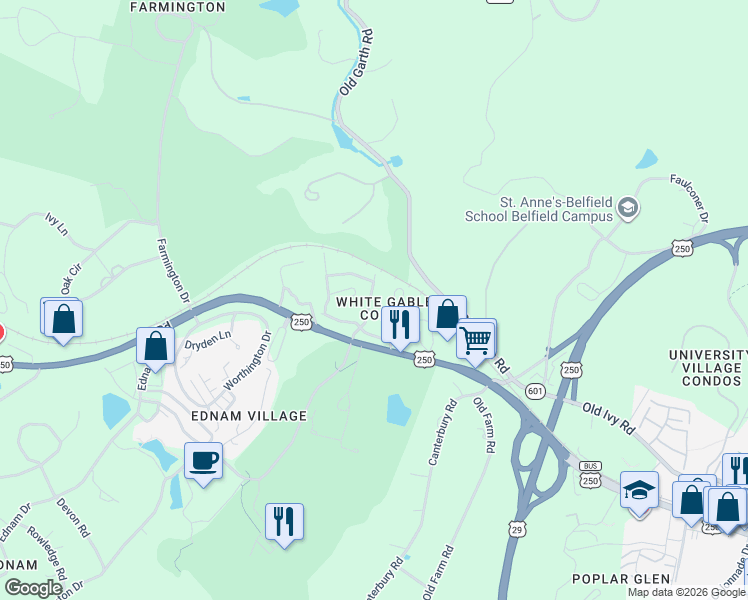 map of restaurants, bars, coffee shops, grocery stores, and more near 652 Eight Woods Lane in Charlottesville