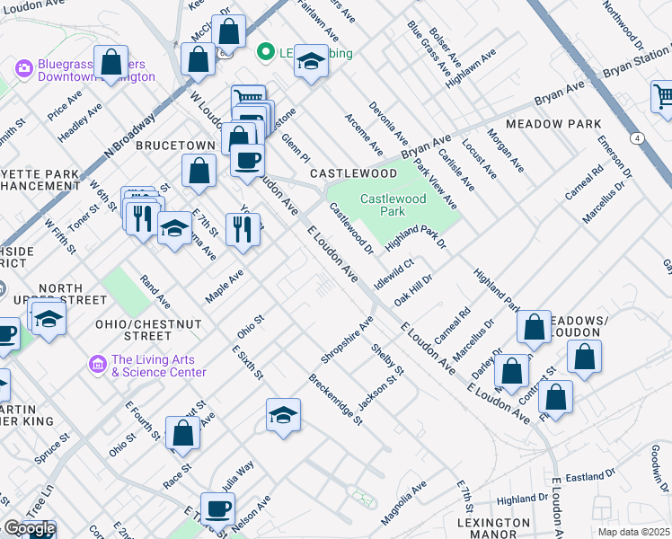 map of restaurants, bars, coffee shops, grocery stores, and more near 255 East Loudon Avenue in Lexington