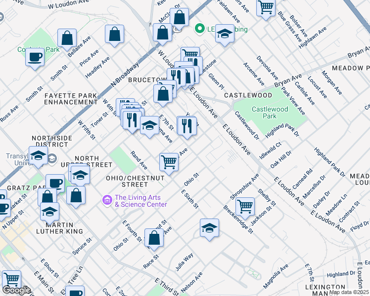 map of restaurants, bars, coffee shops, grocery stores, and more near 209 East 7th Street in Lexington