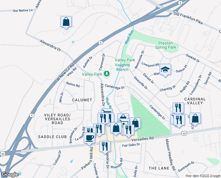 map of restaurants, bars, coffee shops, grocery stores, and more near 2081 Cambridge Drive in Lexington
