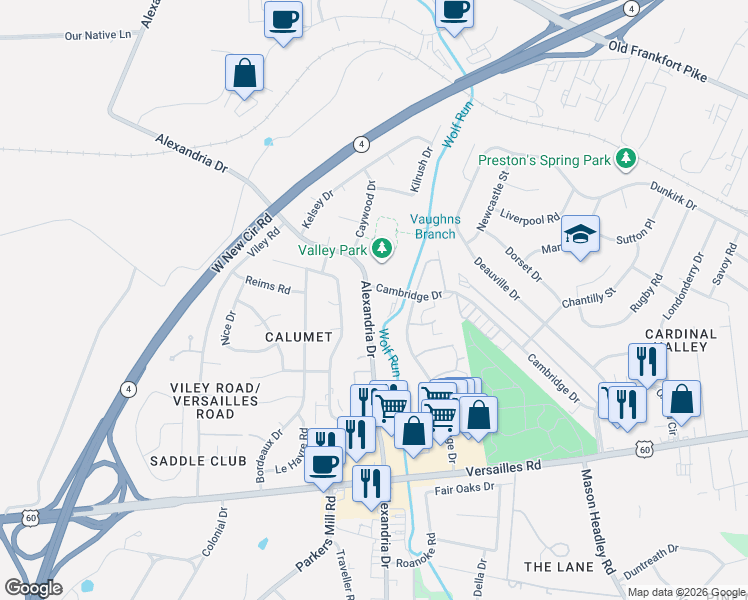 map of restaurants, bars, coffee shops, grocery stores, and more near 2081 Cambridge Drive in Lexington