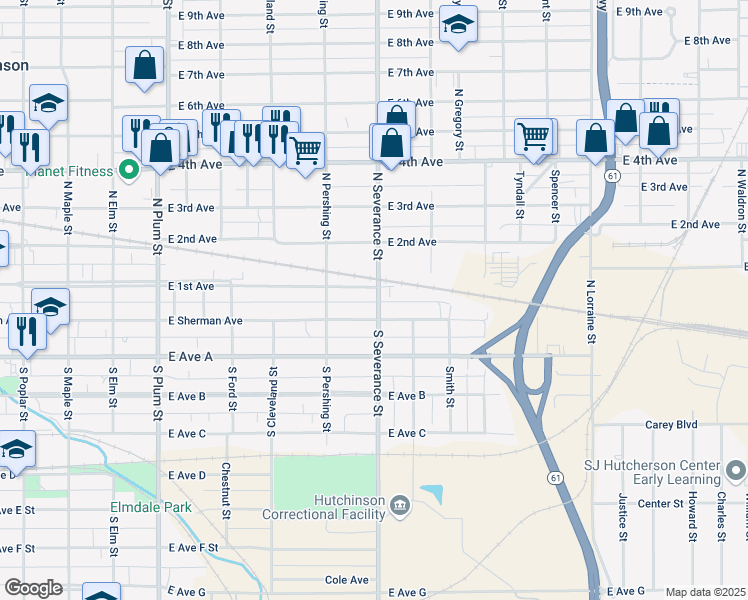 map of restaurants, bars, coffee shops, grocery stores, and more near 8 North Severance Street in Hutchinson