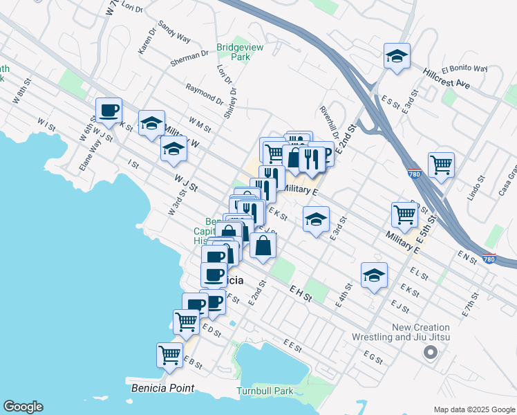 map of restaurants, bars, coffee shops, grocery stores, and more near 152 West K Street in Benicia