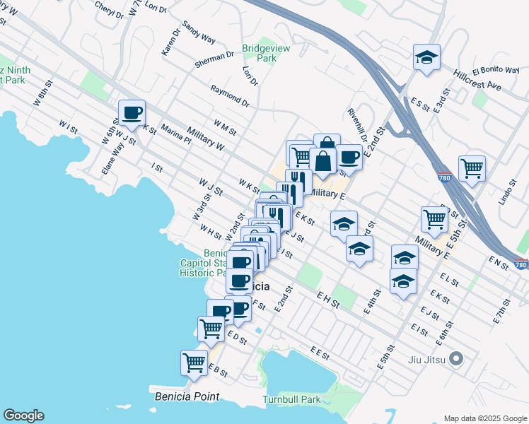 map of restaurants, bars, coffee shops, grocery stores, and more near 1022 West 2nd Street in Benicia