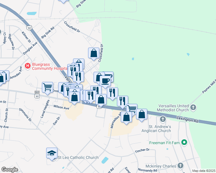 map of restaurants, bars, coffee shops, grocery stores, and more near 212 Kroger Way in Versailles
