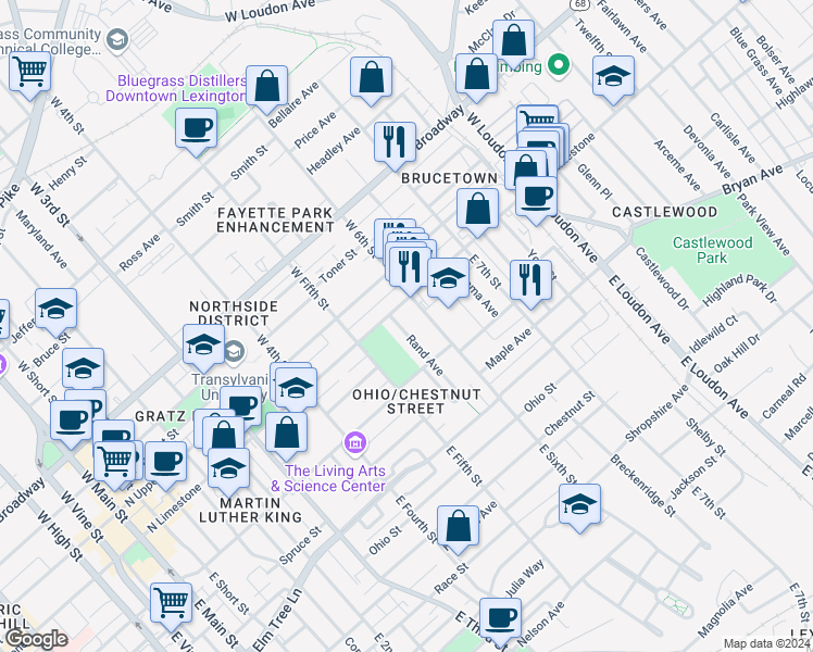 map of restaurants, bars, coffee shops, grocery stores, and more near 119 Rand Avenue in Lexington