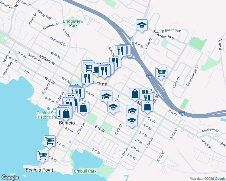 map of restaurants, bars, coffee shops, grocery stores, and more near 213 Military West in Benicia