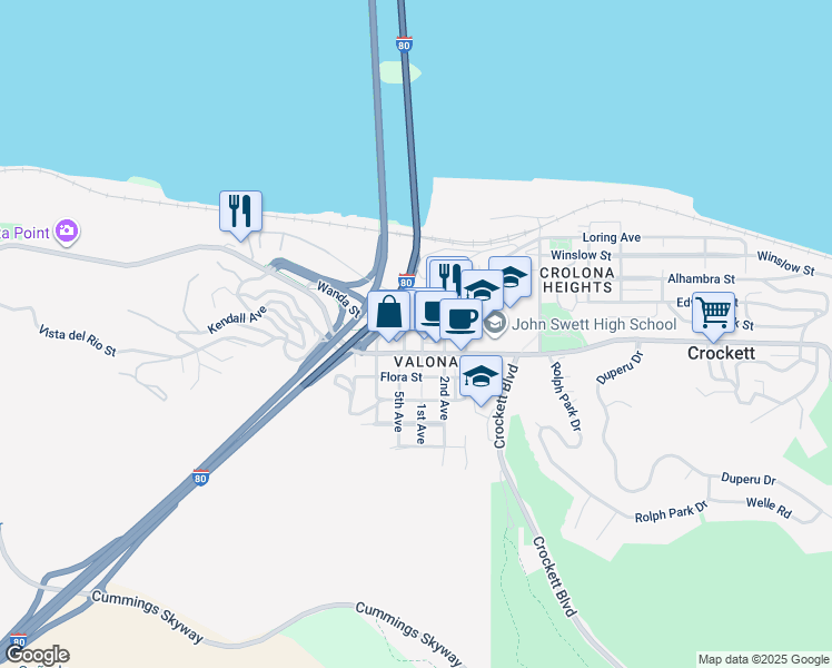 map of restaurants, bars, coffee shops, grocery stores, and more near 615 1st Avenue in Crockett