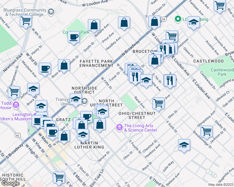 map of restaurants, bars, coffee shops, grocery stores, and more near 342 North Upper Street in Lexington