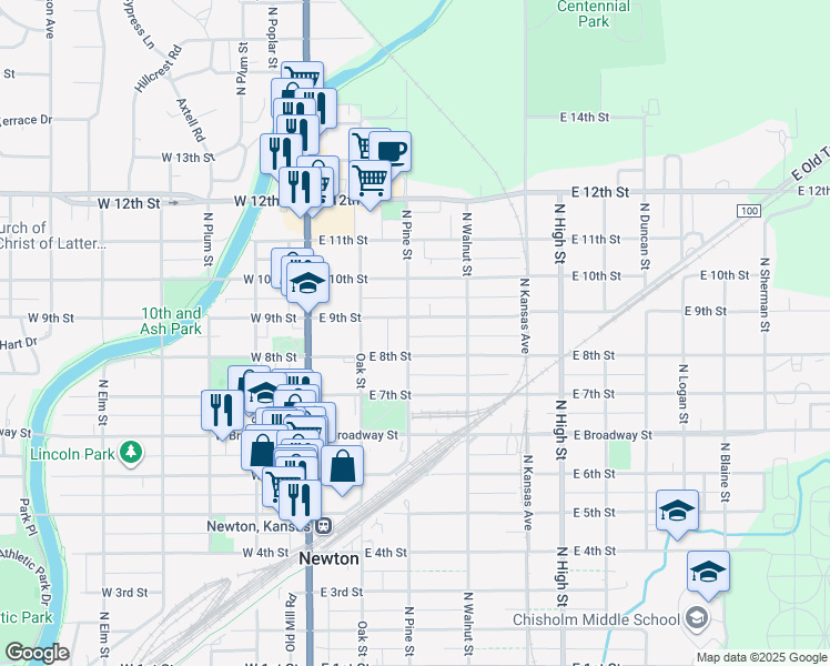 map of restaurants, bars, coffee shops, grocery stores, and more near 300 East 9th Street in Newton