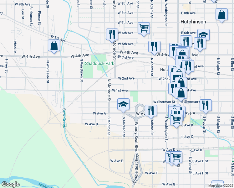 map of restaurants, bars, coffee shops, grocery stores, and more near 400 West 1st Avenue in Hutchinson