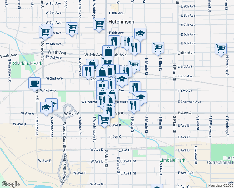 map of restaurants, bars, coffee shops, grocery stores, and more near 25 East 1st Avenue in Hutchinson