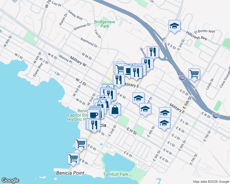 map of restaurants, bars, coffee shops, grocery stores, and more near 2 West K Street in Benicia