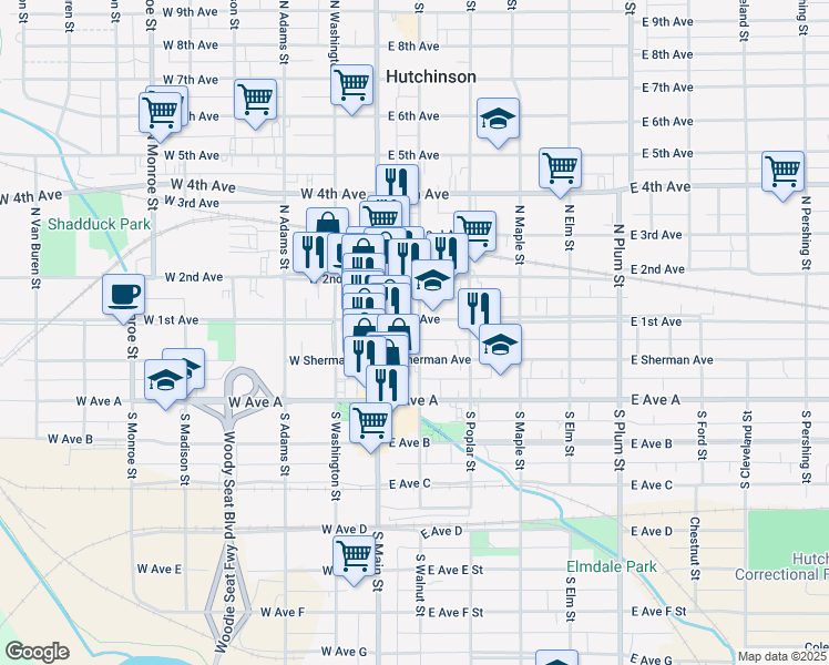 map of restaurants, bars, coffee shops, grocery stores, and more near 22 E 1st Ave in Hutchinson
